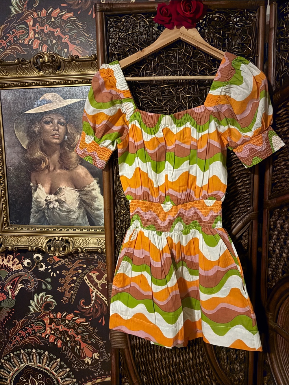 Elizabeth James The Label XS NWT Retro Wave Smocked Romper 70s Resort